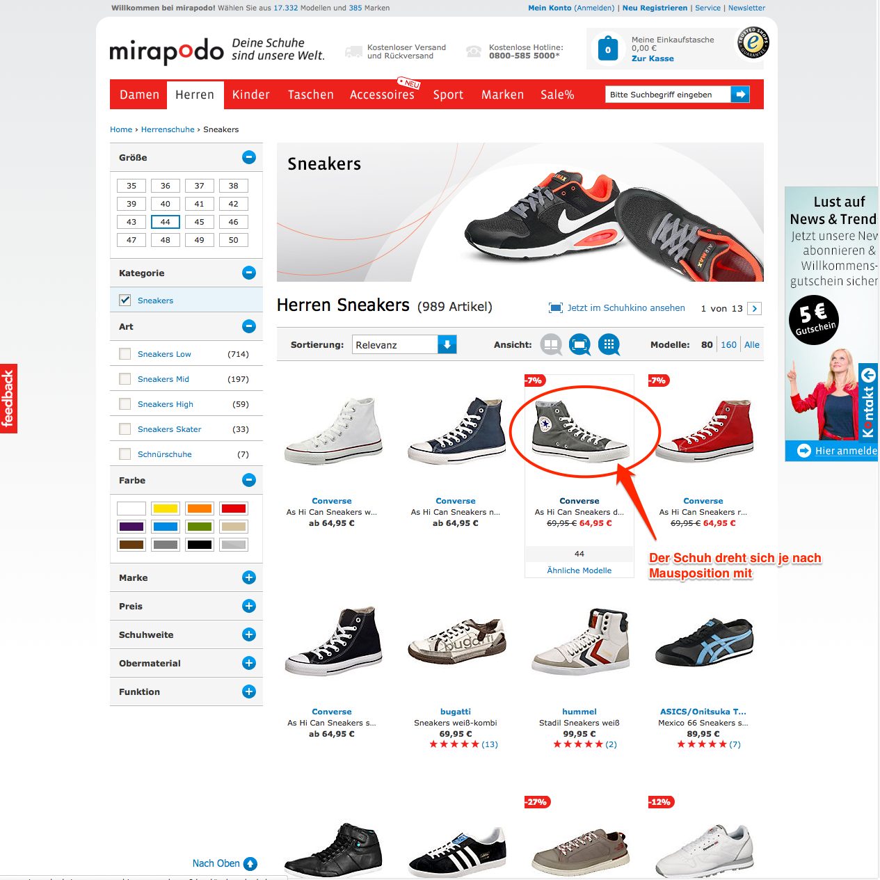 Produktübersicht bei mirapodo.de